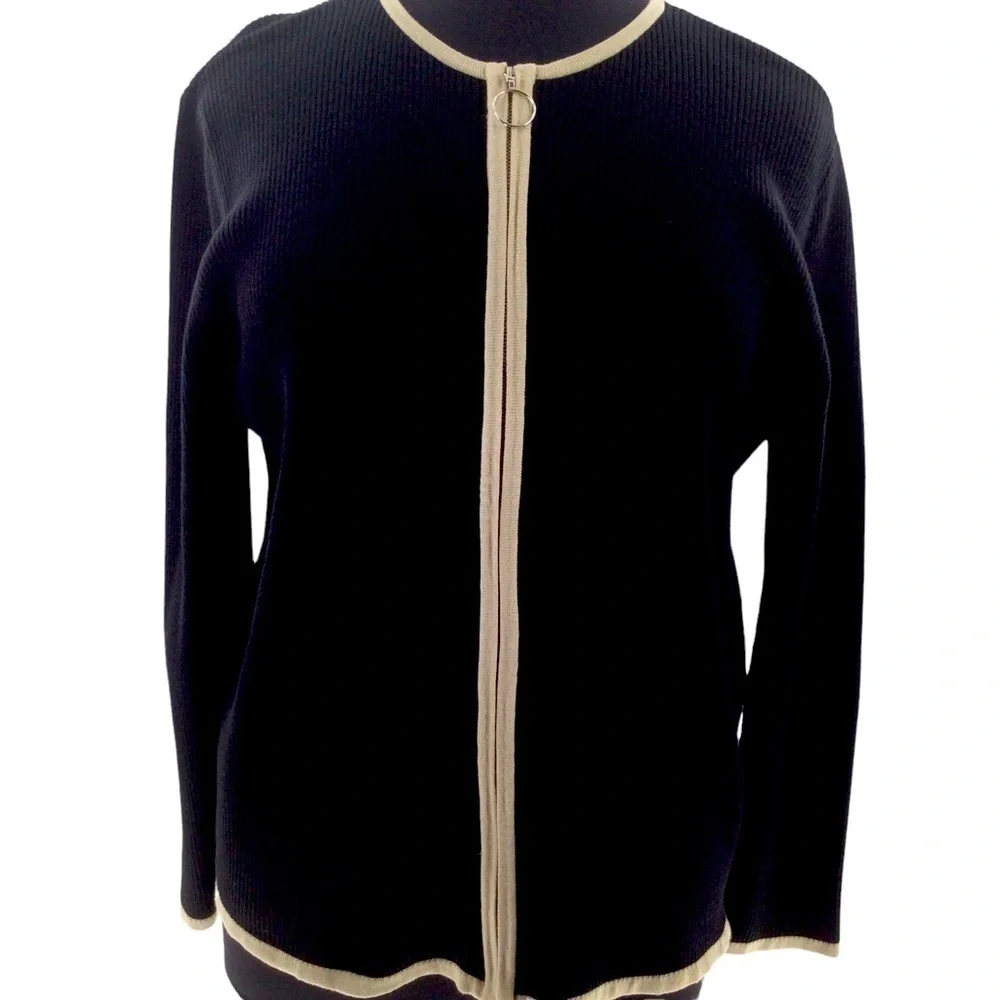 Lane Bryant Ribbed Crew Neck Black and Beige‎ Zip Front Cardigan